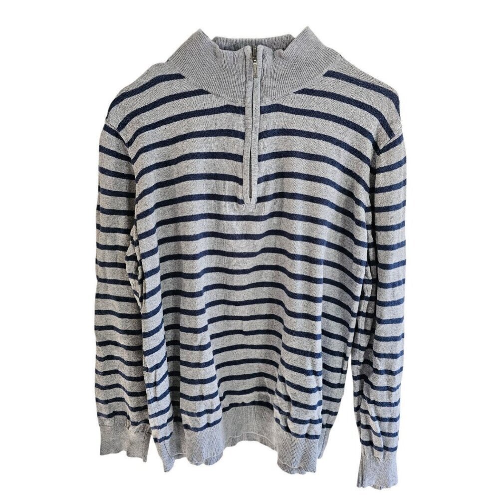 L.L. Bean Men’s Large Gray Navy Striped Quarter Zip Cotton Cashmere Sweater - Picture 2 of 6